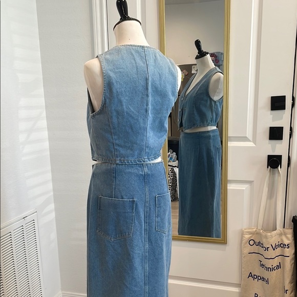 Denim Vest and High Side Slit Skirt Set - Picture 4 of 6